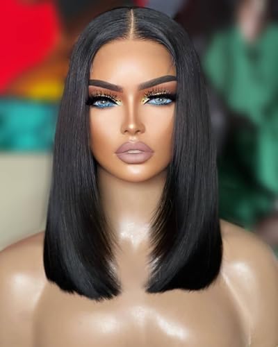 Seykiki Synthetic Lace Front Wig Black Wigs Short Blunt Cut