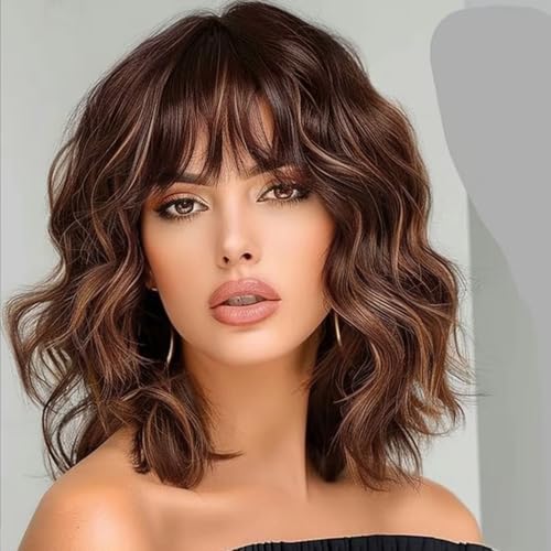 Lativ Brown Highlight Wigs for Women Short Bob with Bangs