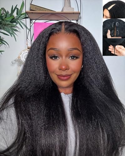 22Inch V Part Kinkystraight Wig Human Hair 200% Density...