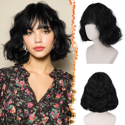 BARSDAR Short Wavy Black Wig with Bangs Bob for Women