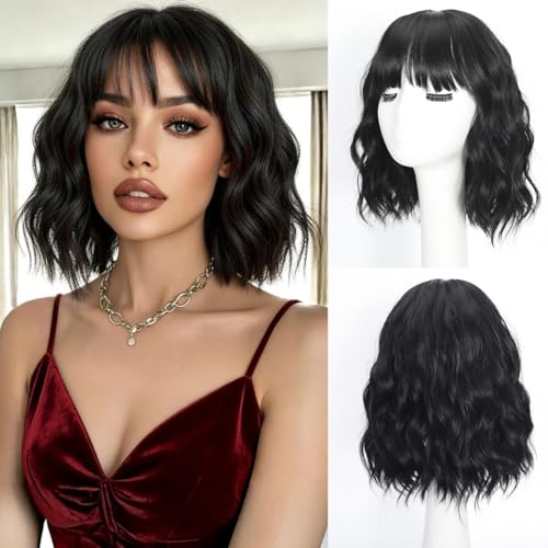 iAelev Black Wig With Bangs Bob Synthetic Curly 12 Inch