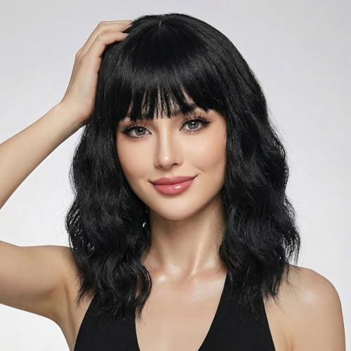yumtaro Pastel Black Wavy Bob Wig for Women with Bangs