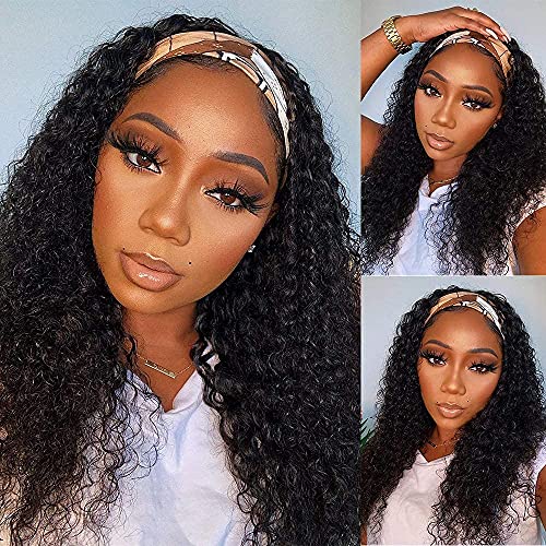 WENYAN Headband Wig Human Hair Deep Wave 16 Inch Glueless