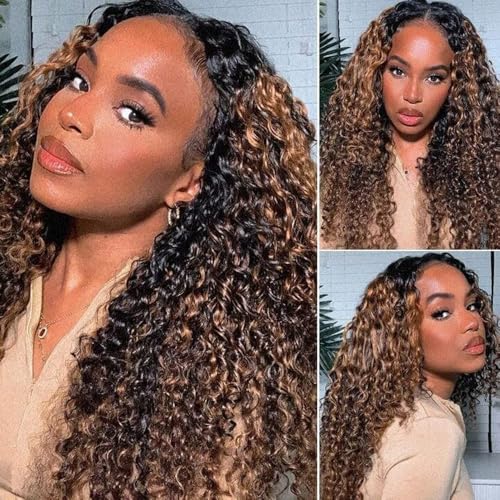 UNICE V Part Wig Human Hair Curly Glueless Brown Highlight