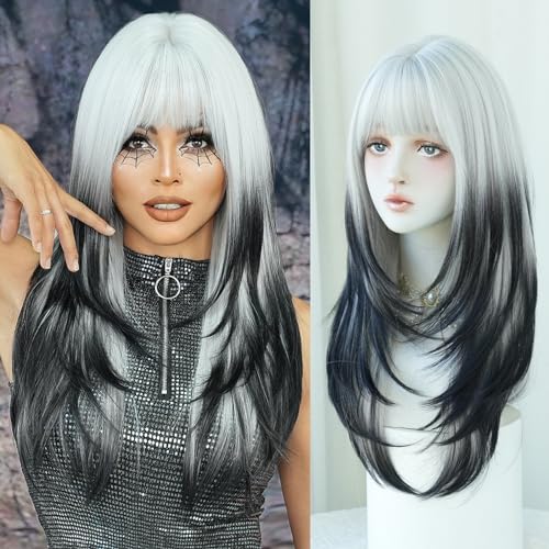 7JHH WIGS 25Inch Long Straight Layered Wig Black White Ombre
