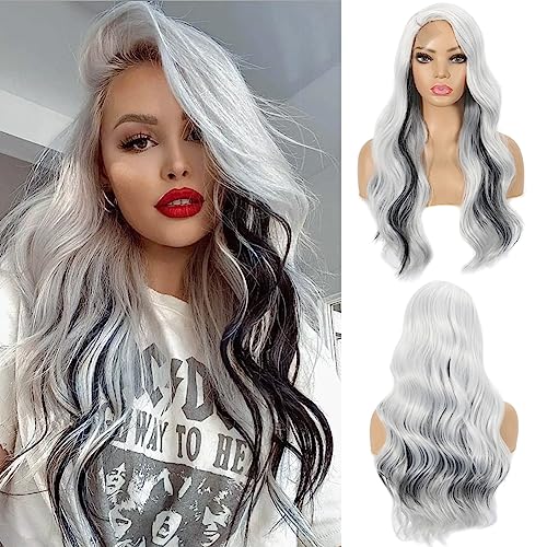 Daiaces Long Black and White Wavy Wig for Women