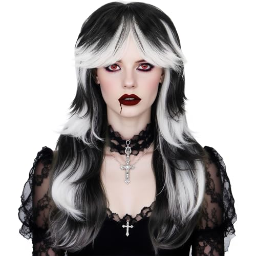 IMEYLE Black and White Wig Long Black Layered Wolf Cut
