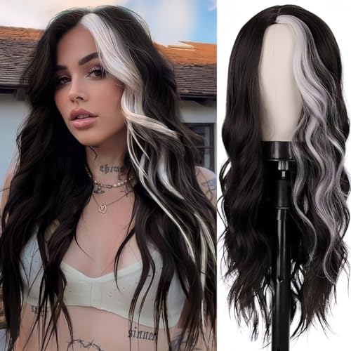 Sabosi Long Wavy Black White Wigs for Women Daily Use