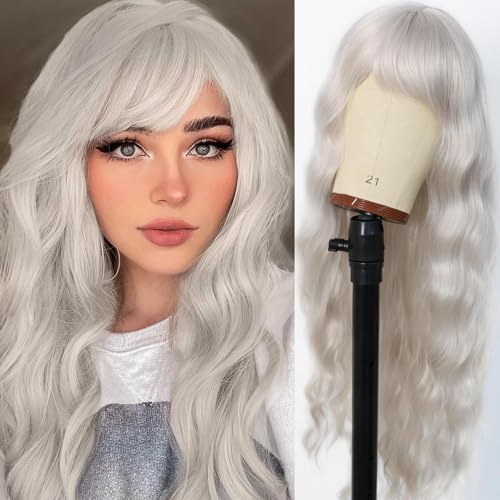 EVLYNN Silver Gray Wig with Bangs Grey Wigs for Women