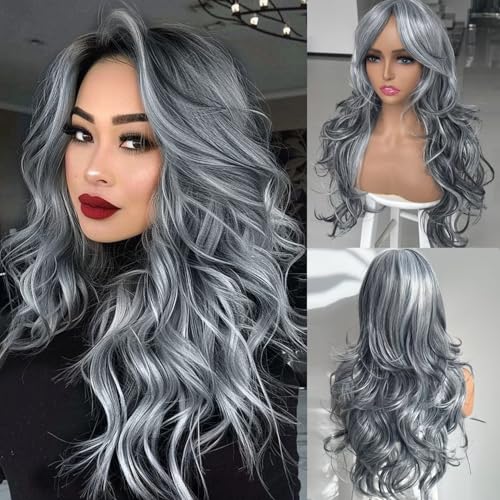 Jadeadyseg Silver Gray Wigs for Women Long Layered Body Wave