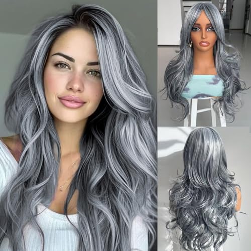 Jolelyne Silver Gray Ombre Highlight Wigs Layered Wavy With...