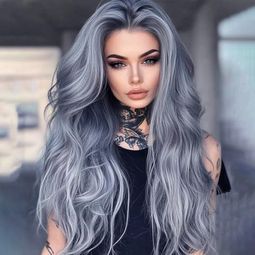 Silver Grey Layered Wavy Wigs for White Women with Bangs