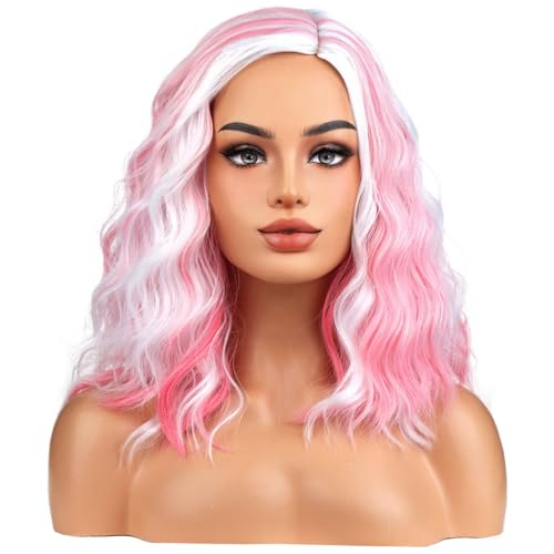 BERON ERON White and Pink Wigs for Women Short Curly