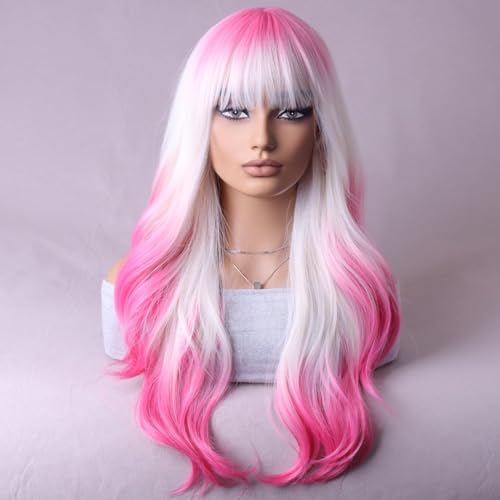 BERON Pink and White Long Wigs Curly Ombre with Bangs