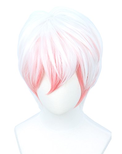 Linfairy Short Straight Pink White Cosplay Wig for Men