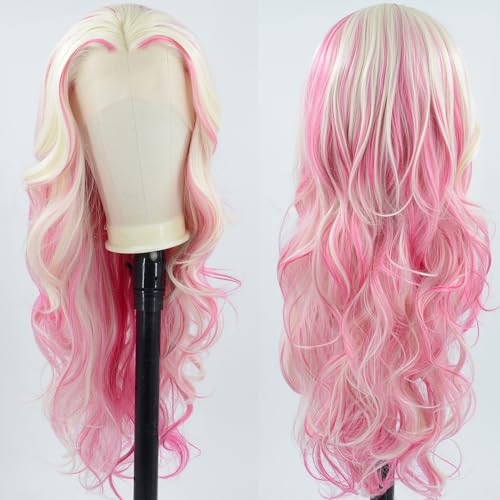 ZHYWIGS Long Wavy Hot Pink White Lace Front Wig