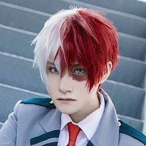 ANOGOL Hair Cap+ Half Red Half White Cosplay Wig