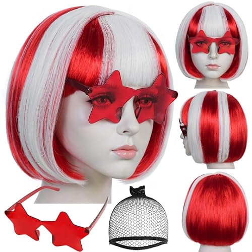 ANOGOL Hair Cap + (Sunglasses) Red White Bob Wig