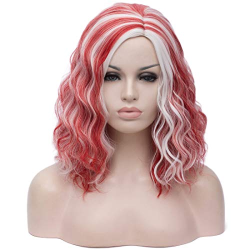 BERON Red and White Wigs for Women Short Curly Wavy
