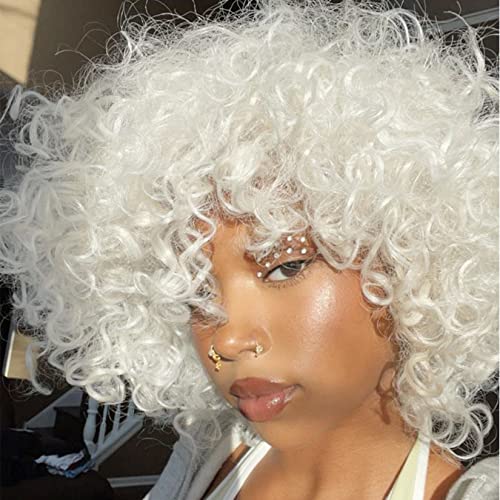 andromeda White Curly Wigs for Black Women with Short Bangs