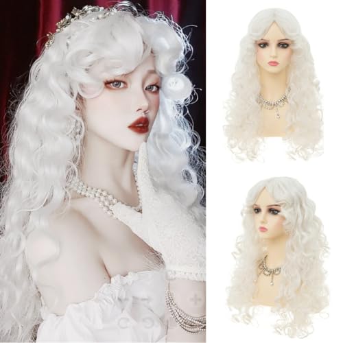 Dai Cloud White Long Curly Wigs for Women with Bangs