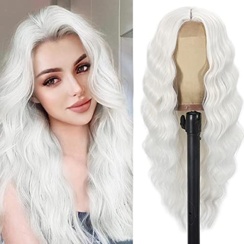Daiaces Long Curly White Lace Front Wigs for Women