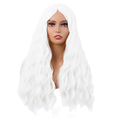 MapofBeauty 28 Inch/70 cm Long Wavy Middle Part White Wig