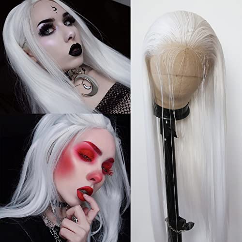 BTWTRY White Synthetic Lace Front Wig - Long Straight...