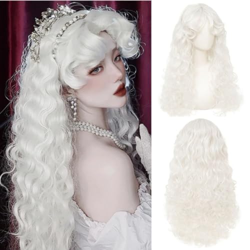 Tseses White Long Curly Wigs for Women for Halloween Cosplay