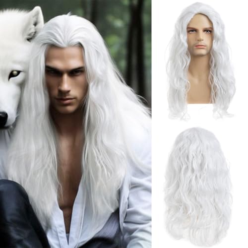 Sallcks Mens White Wig Long Curly Wavy Middle Part