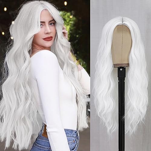 YBYMCAI White Wig - Long White Wavy Synthetic Cosplay Wig