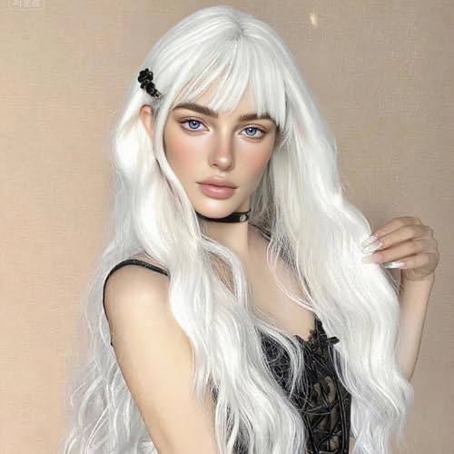 NOSTALGIA White Wig With Bangs White Long Wavy Synthetic Wig