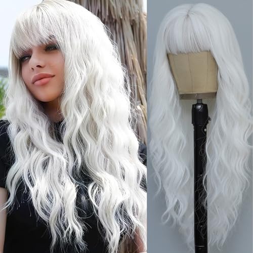 MINSEEYOO White Wig with Bangs for Women Long Wavy
