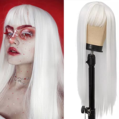 Netgo White Wig with Bangs, Long Straight Heat Resistant...