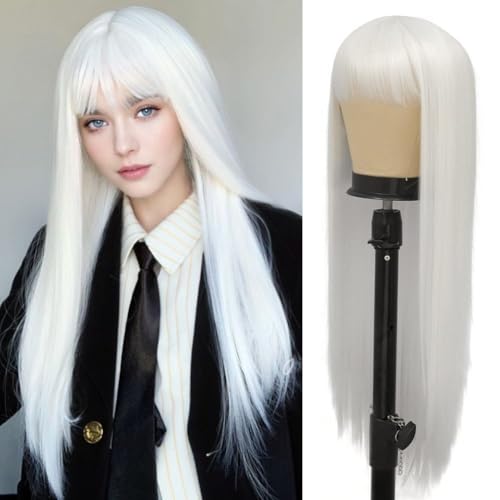 Siudus White Long Straight Wigs for Women with Bangs