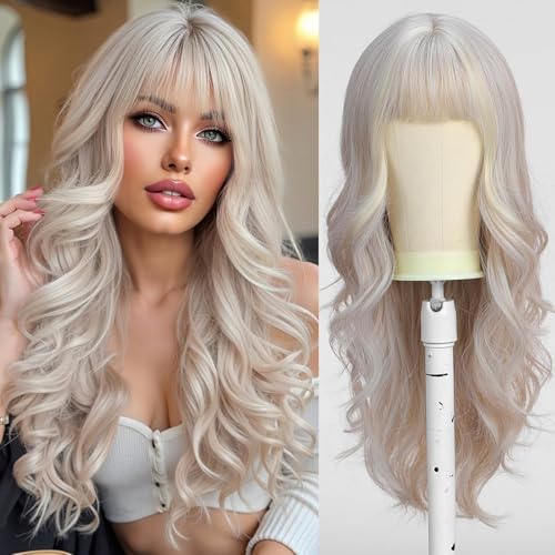 Esmee Long Wavy Platinum Blonde Wig for Women with Fringe