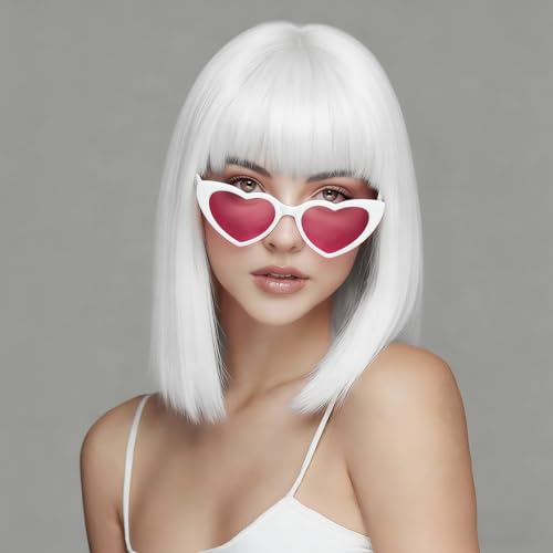 SUKRI White Bob Wig with Bangs Short Straight for Women