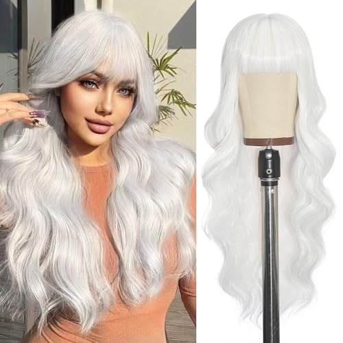 UNNYMGER White Wigs with Bangs Long curly wavy wig