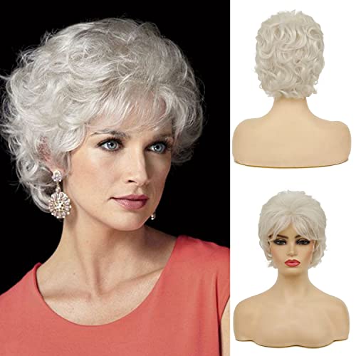 Beweig Short Curly White Wigs for Women Synthetic Hair