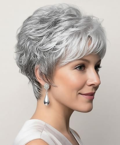 SEVENCOLORS Short Grey Wigs for White Women Curly Pixie Cut