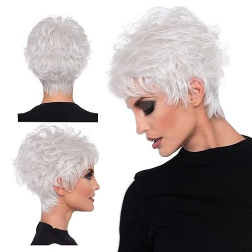 Pixie Cut Silver Wig, Slanted Bangs, Short Curly Fluffy Hair