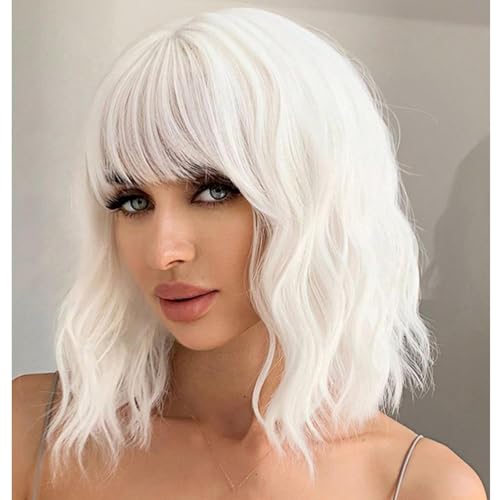 andromeda White Wavy Wig with Bangs Soft Synthetic Short Bob