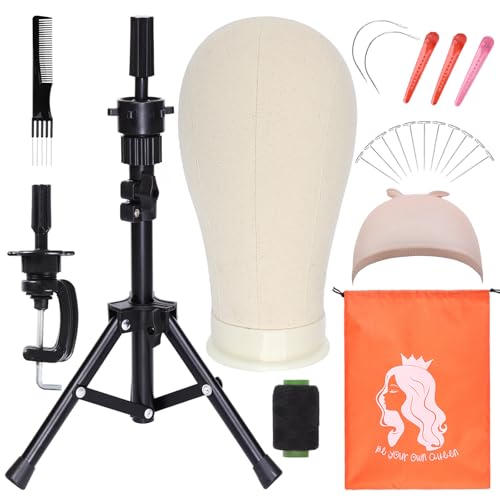 PWEOUKE 22 Inch Canvas Wig Head with Adjustable Tripod Stand