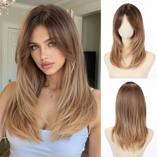 Allbell Ombre Brown Wig with Curtain Bangs Medium Layered...