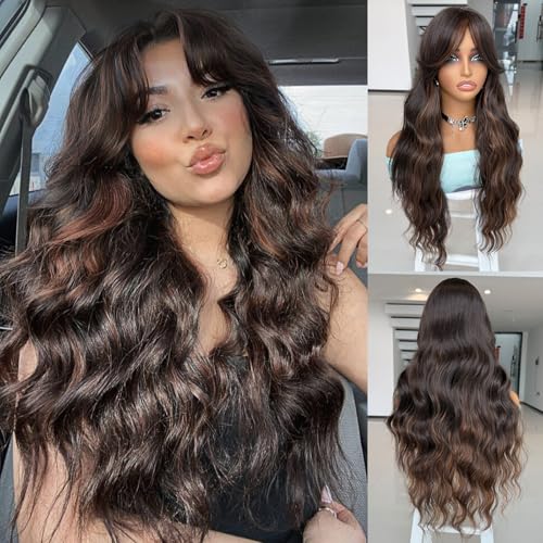 LEOSA Highlighted Wig 26 Inch Long Wavy Chocolate Brown