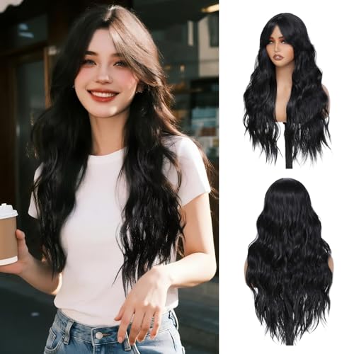 Long Black Wavy Wig with Curtain Bangs for Women