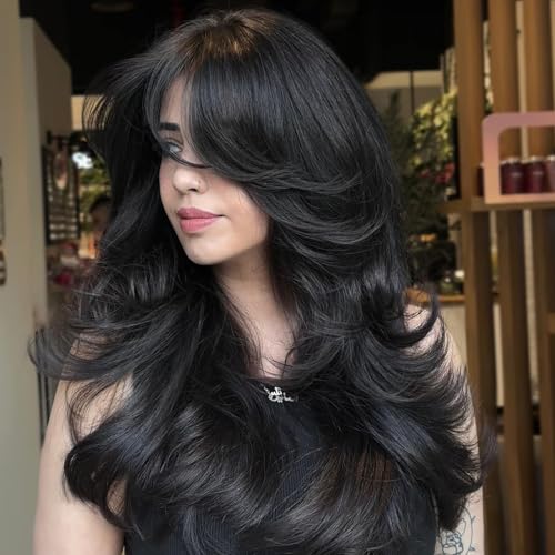 Aisaide Long Wavy Black Layered Wig with Curtain Bangs