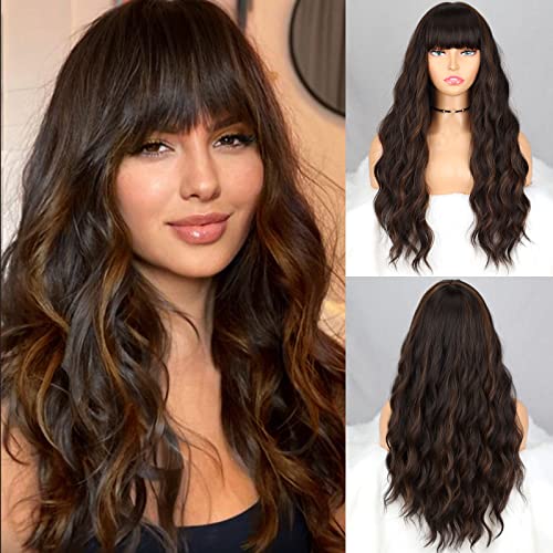 MERISIHAIR Long Highlight Dark Brown Wig with Wavy Bangs