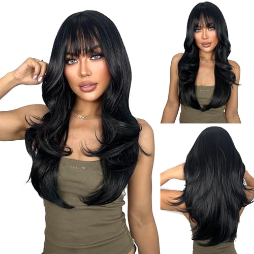 SUKRI Black Layered Wig with Bangs for Women Long Wavy