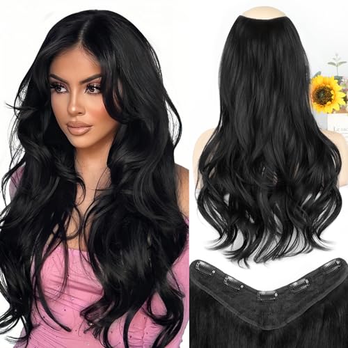 ALXNAN Clip in Hair Extensions, Black Long Wavy 20 Inch